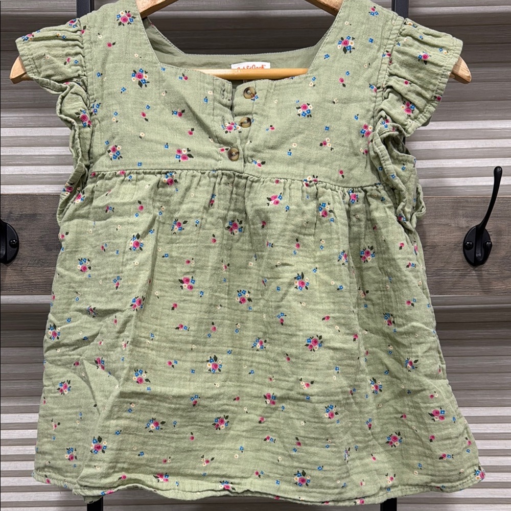 Green Floral Ruffle Sleeve Top